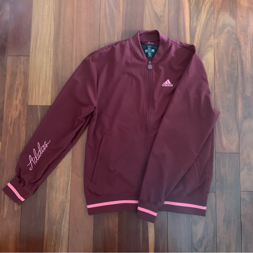 Men’s Adidas Burgundy Jacket with Pink and Pink Scribble logo